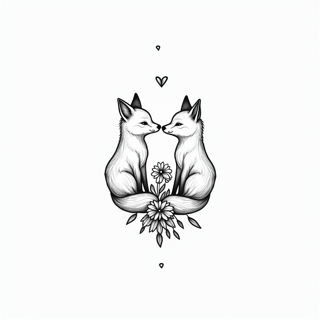 Foxes, flowers, fine line, playful, romanticin minimalist style tattoo, featuring simple shapes and fine lines, with minimal shading and details, tiny triangles, creating a sense of balance and harmony