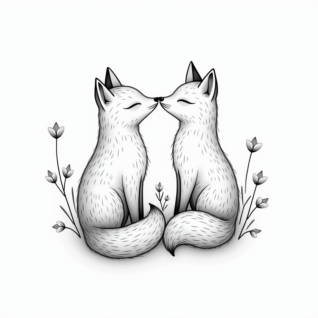 Foxes, flowers, fine line, playful, romanticin minimalist style tattoo, featuring simple shapes and fine lines, with minimal shading and details, tiny triangles, creating a sense of balance and harmony - Variation 2