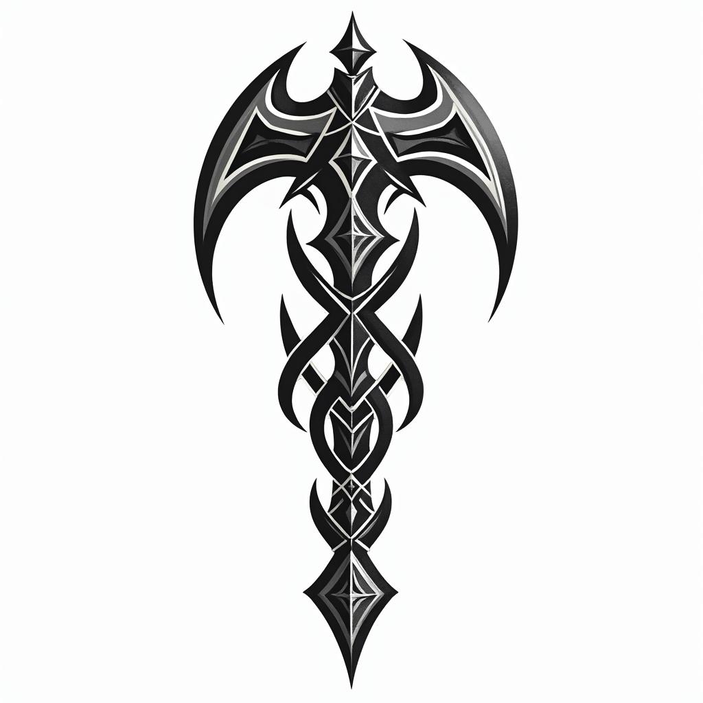 Native American tomahawkin tribal tattoo style, featuring bold and black geometric shapes, curved lines, intertwine and flow seamlessly, creating a powerful and symbolic design, polynesian and maori styles - Variation 3
