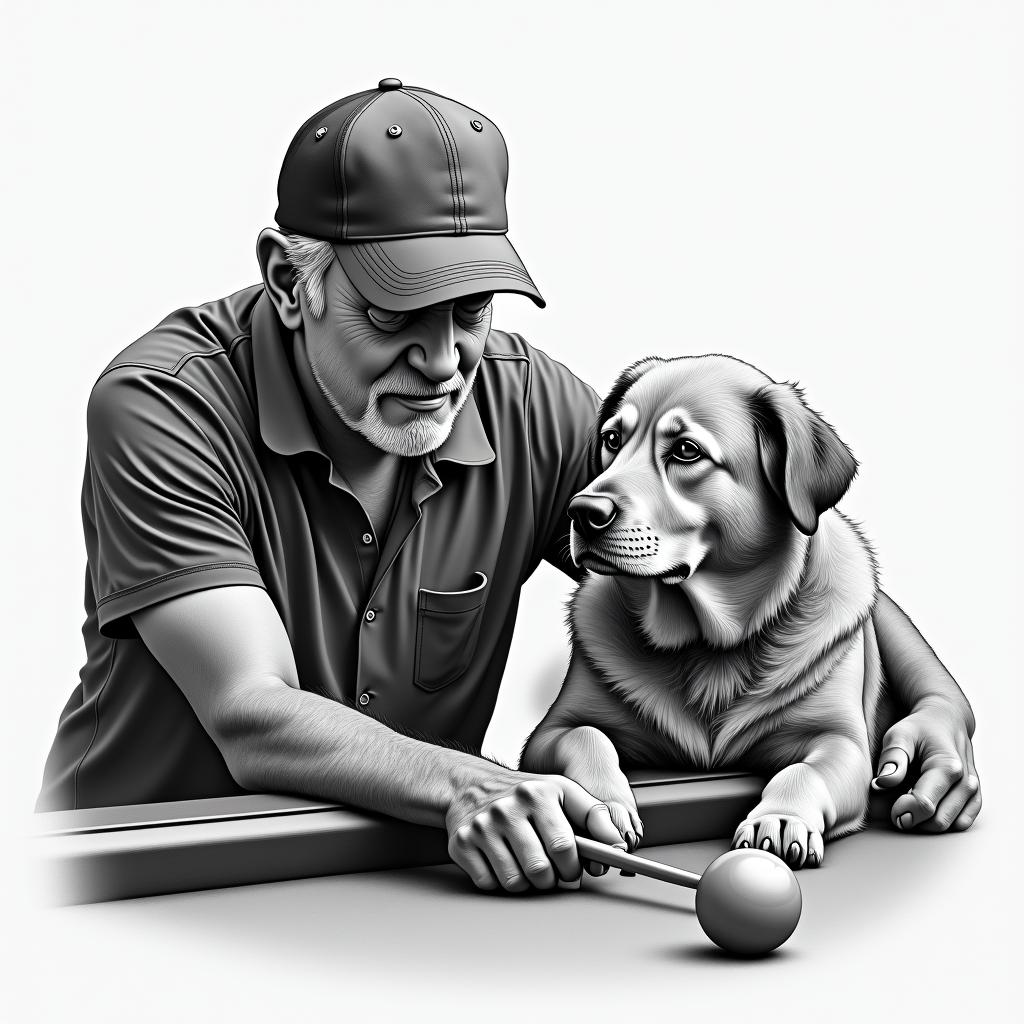 A realistic tribute to the deceased grandfather, including an image of a man playing pool wearing a cap, alongside a loyal dog. Details that reflect moments of joy and connection, with a soft background that complements the scene, symbolizing love and memories.higly detailed tattoo - Variation 4