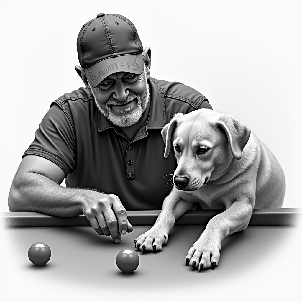 A realistic tribute to the deceased grandfather, including an image of a man playing pool wearing a cap, alongside a loyal dog. Details that reflect moments of joy and connection, with a soft background that complements the scene, symbolizing love and memories.higly detailed tattoo