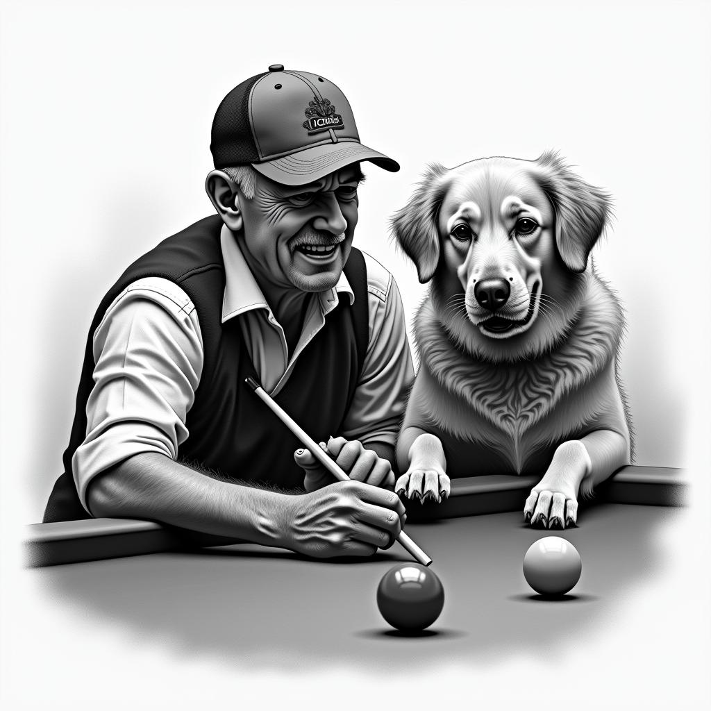 A realistic tribute to the deceased grandfather, including an image of a man playing pool wearing a cap, alongside a loyal dog. Details that reflect moments of joy and connection, with a soft background that complements the scene, symbolizing love and memories.higly detailed tattoo - Variation 2