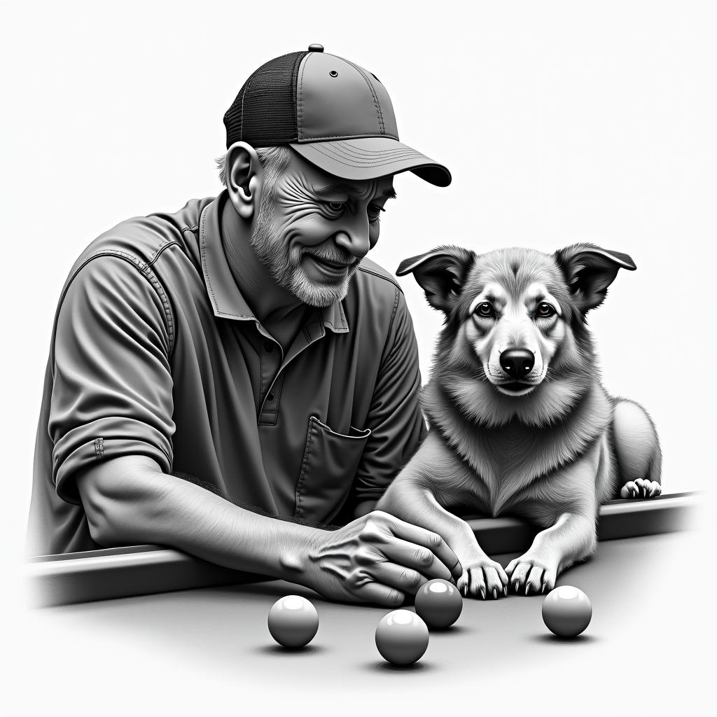 A realistic tribute to the deceased grandfather, including an image of a man playing pool wearing a cap, alongside a loyal dog. Details that reflect moments of joy and connection, with a soft background that complements the scene, symbolizing love and memories.higly detailed tattoo - Variation 3