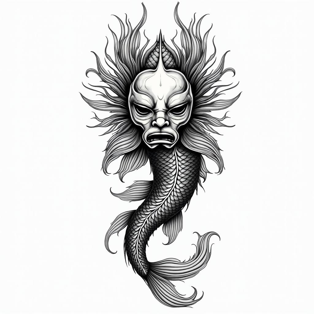 Koi fish and hanya maskin japanese style tattoo, detailed tattoo, traditional japanese culture tattoo, mythology, 8k - Variation 2