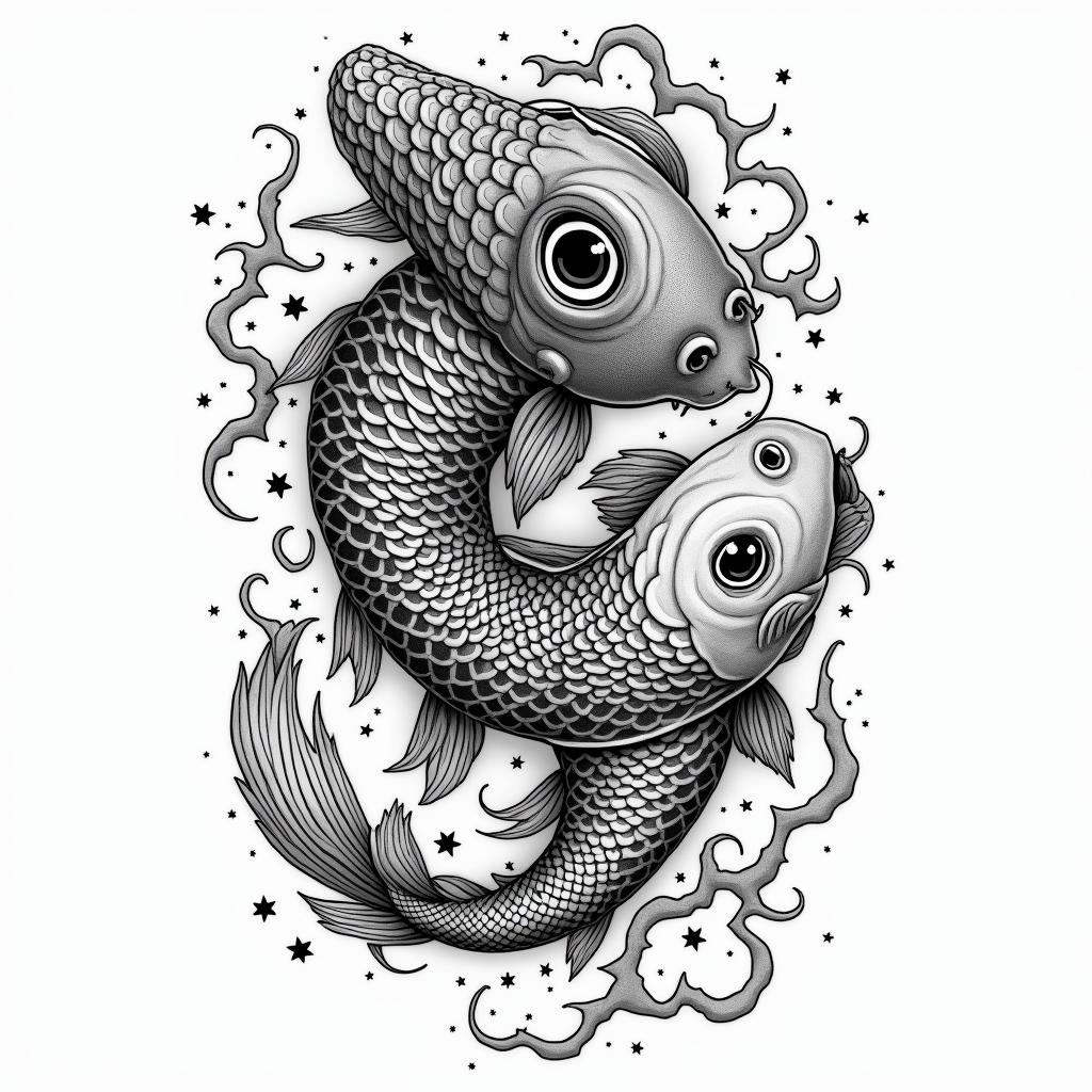 Koi fish and hanya maskin japanese style tattoo, detailed tattoo, traditional japanese culture tattoo, mythology, 8k - Variation 4
