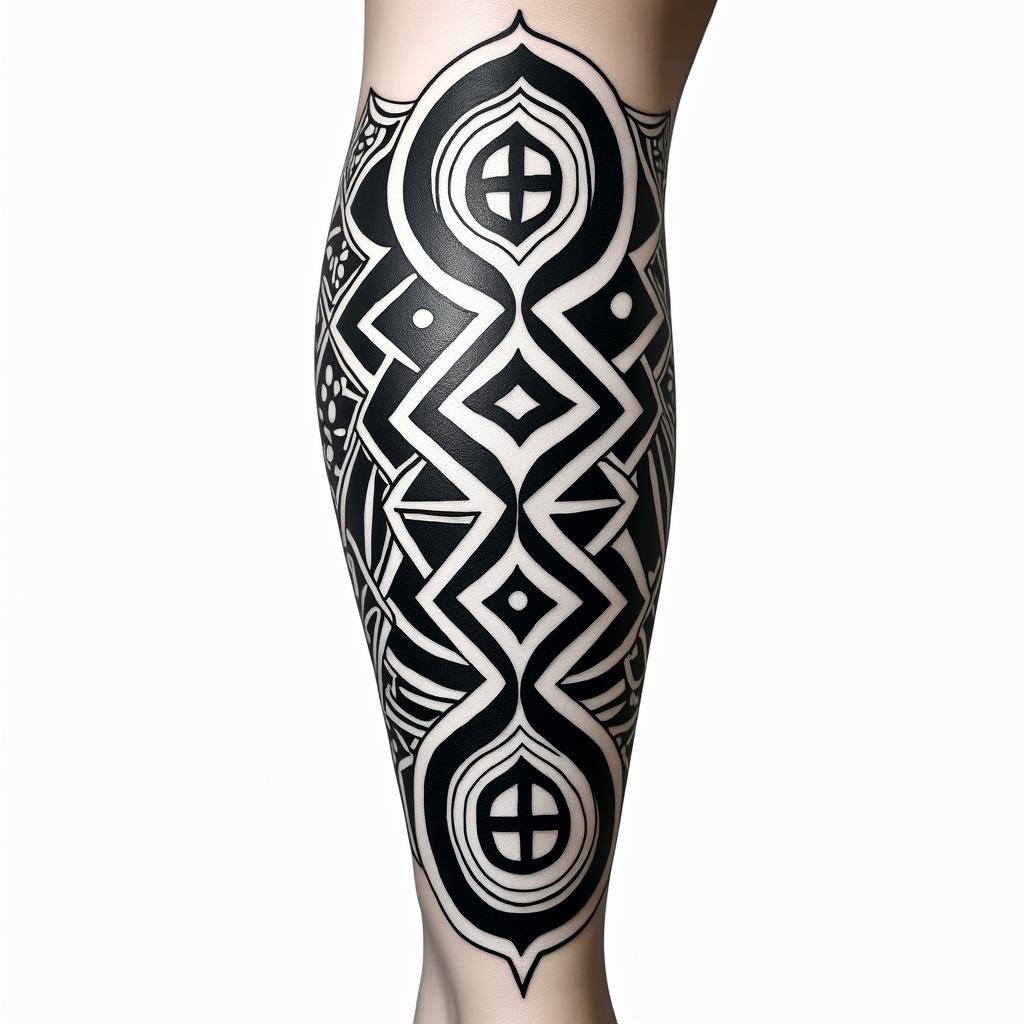 On tibiain tribal tattoo style, featuring bold and black geometric shapes, curved lines, intertwine and flow seamlessly, creating a powerful and symbolic design, polynesian and maori styles - Variation 3