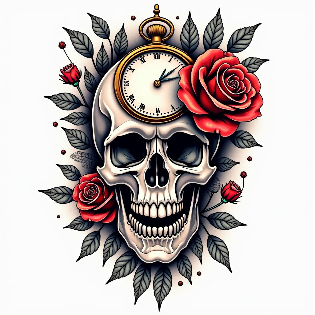 Skull with roses and clock elementsin pop art style tattoo, featuring bold and vibrant colors, exaggerated outlines, iconic imagery, inspired by comic books and speech bubbles, comic book characters, retro pop culture - Variation 4