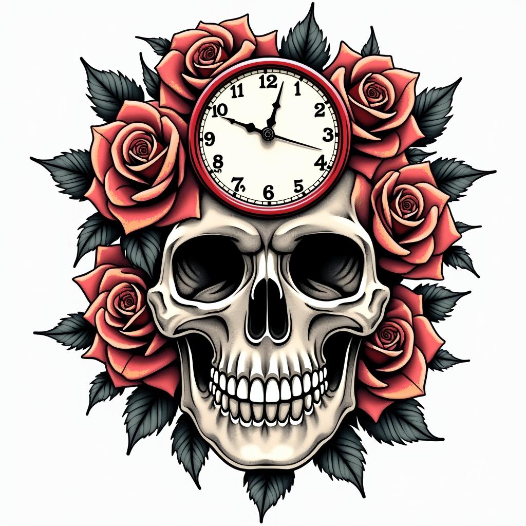 Skull with roses and clock elementsin pop art style tattoo, featuring bold and vibrant colors, exaggerated outlines, iconic imagery, inspired by comic books and speech bubbles, comic book characters, retro pop culture - Variation 3