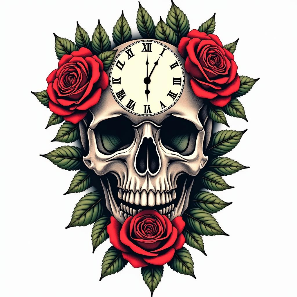 Skull with roses and clock elementsin pop art style tattoo, featuring bold and vibrant colors, exaggerated outlines, iconic imagery, inspired by comic books and speech bubbles, comic book characters, retro pop culture - Variation 2