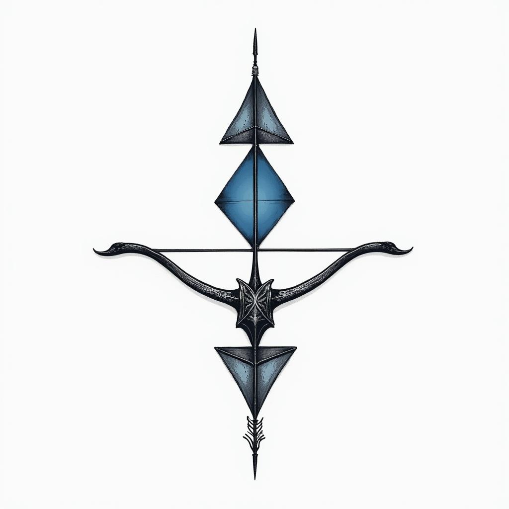 I don't want to forget my father's illness. I want to include blue amber and a bow and arrow.in minimalist style tattoo, featuring simple shapes and fine lines, with minimal shading and details, tiny triangles, creating a sense of balance and harmony - Variation 4