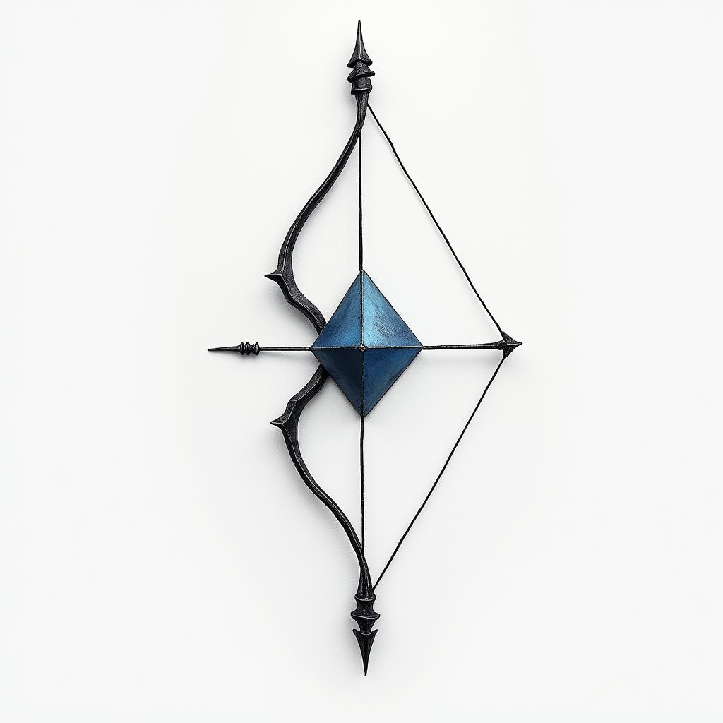 I don't want to forget my father's illness. I want to include blue amber and a bow and arrow.in minimalist style tattoo, featuring simple shapes and fine lines, with minimal shading and details, tiny triangles, creating a sense of balance and harmony