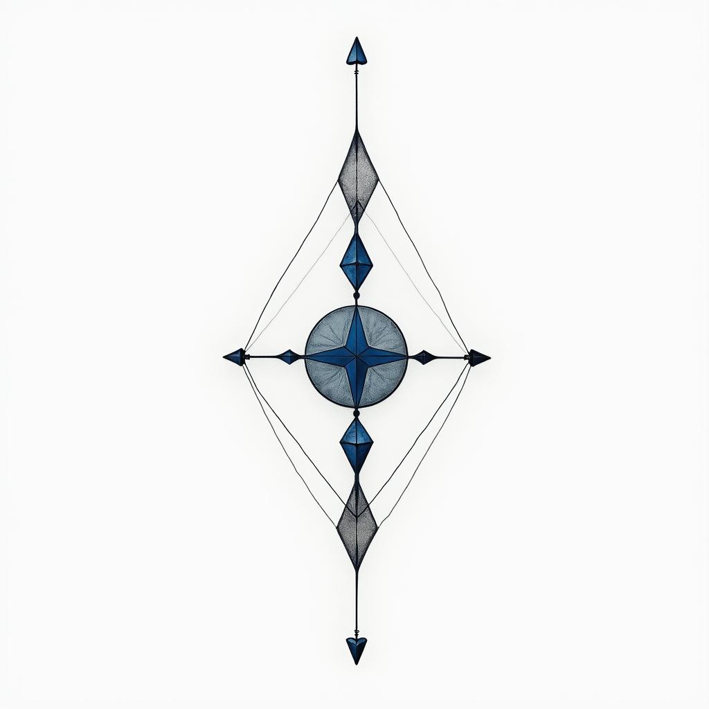 I don't want to forget my father's illness. I want to include blue amber and a bow and arrow.in minimalist style tattoo, featuring simple shapes and fine lines, with minimal shading and details, tiny triangles, creating a sense of balance and harmony - Variation 3