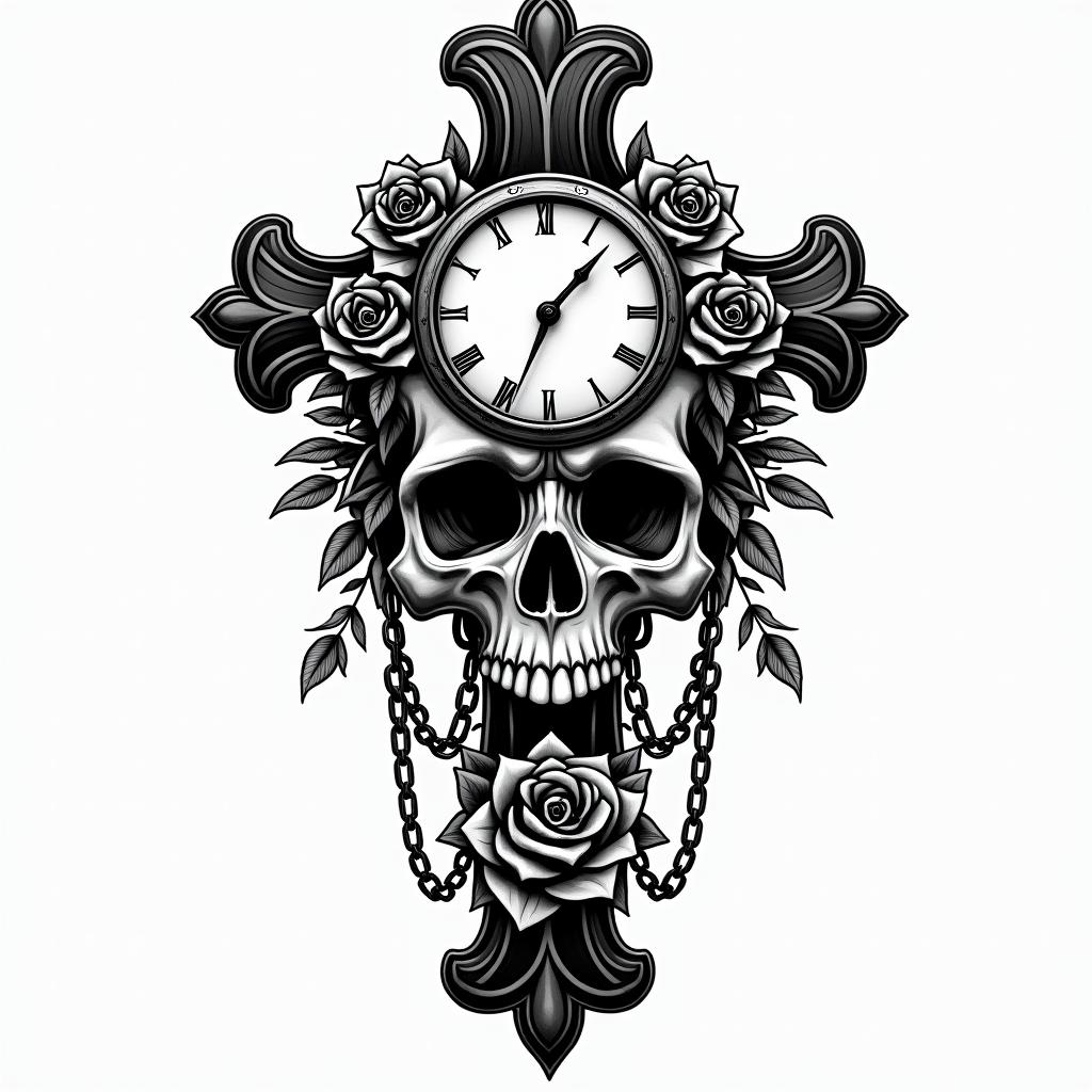 Skull with roses and clock elementsin chicano style tattoo, featuring intricate black and grey shading, bold elements of traditional chicano culture symbols, add a big cross with skull, chains and roses