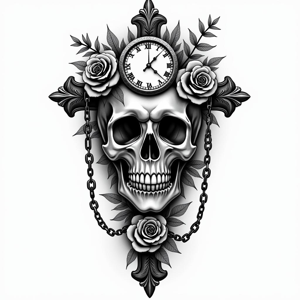 Skull with roses and clock elementsin chicano style tattoo, featuring intricate black and grey shading, bold elements of traditional chicano culture symbols, add a big cross with skull, chains and roses - Variation 3