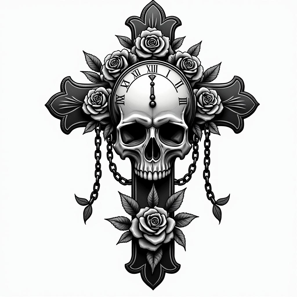 Skull with roses and clock elementsin chicano style tattoo, featuring intricate black and grey shading, bold elements of traditional chicano culture symbols, add a big cross with skull, chains and roses - Variation 2