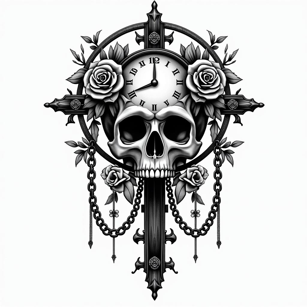 Skull with roses and clock elementsin chicano style tattoo, featuring intricate black and grey shading, bold elements of traditional chicano culture symbols, add a big cross with skull, chains and roses - Variation 4