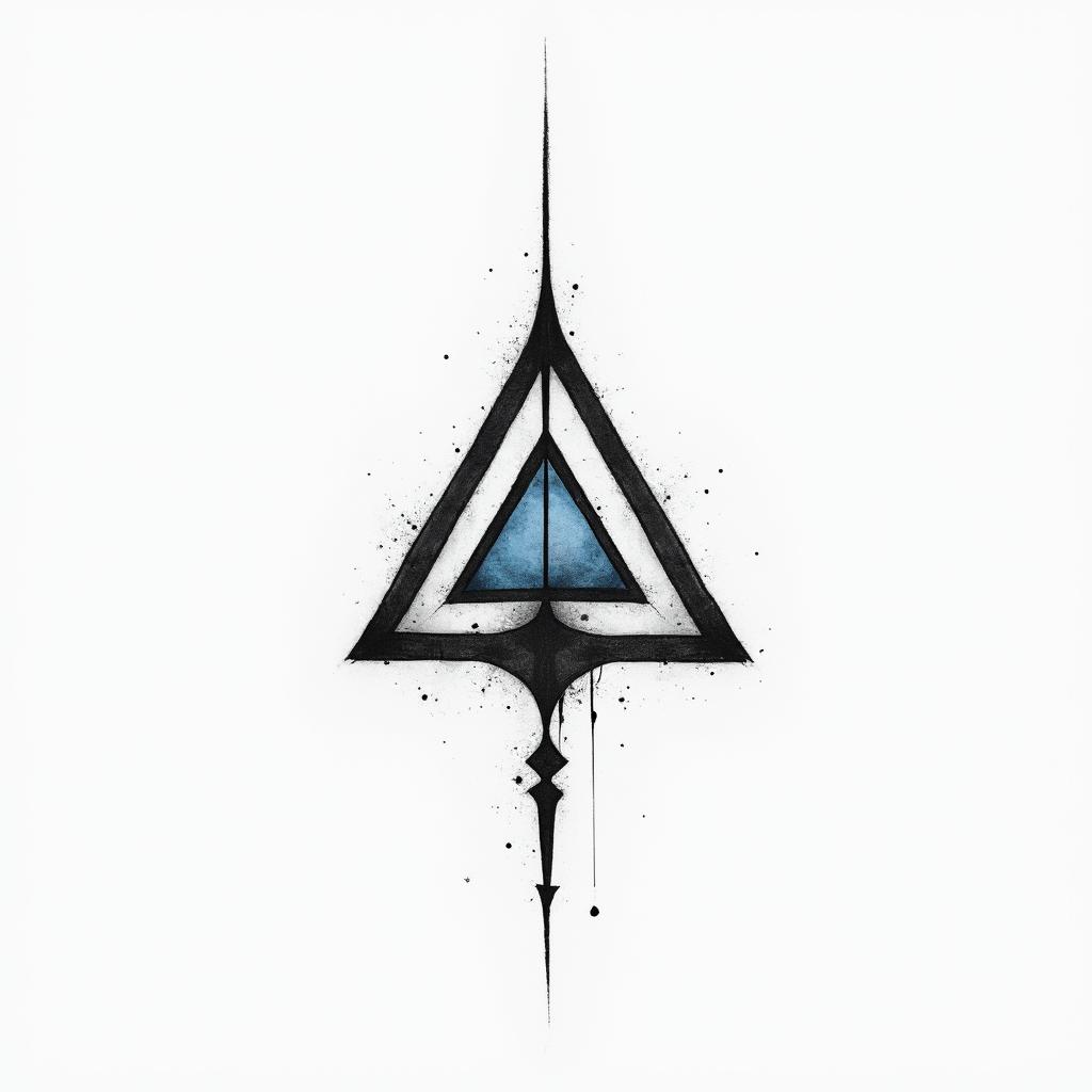 I don't want to forget my father's illness. I want to include blue amber and a bow and arrow. Simple things are preferred.in minimalist style tattoo, featuring simple shapes and fine lines, with minimal shading and details, tiny triangles, creating a sense of balance and harmony