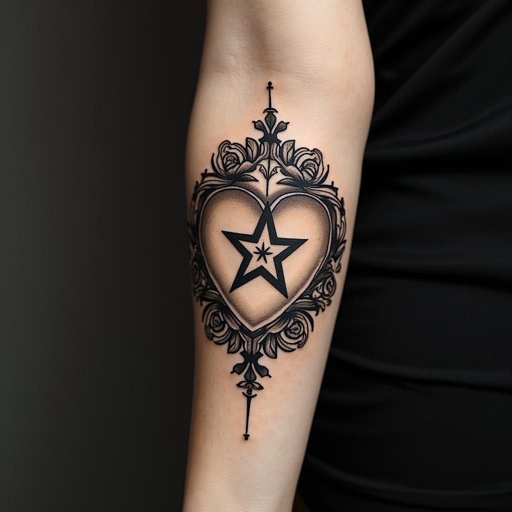 Heart star dog pawin victorian style tattoo, featuring vintage and elegant elements, ornate frames, roses, antique, sepia-toned color scheme - Variation 2
