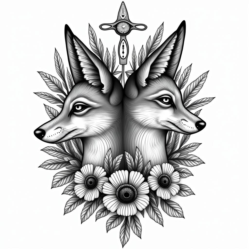 Foxes, flowers, fine line, playful, romanticin egyptian style tattoo, bold elements of ancient egyptian culture including a portrait of an Egyptian pharaoh with detailed facial features, in hieroglyphs and symbolic imagery, eye of horus, ankh symbol, scarab beetle - Variation 4