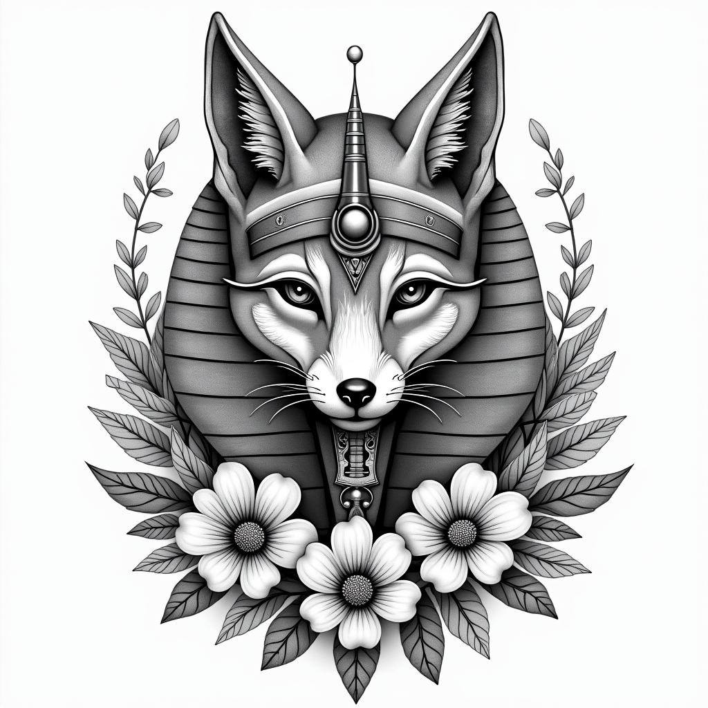 Foxes, flowers, fine line, playful, romanticin egyptian style tattoo, bold elements of ancient egyptian culture including a portrait of an Egyptian pharaoh with detailed facial features, in hieroglyphs and symbolic imagery, eye of horus, ankh symbol, scarab beetle - Variation 3
