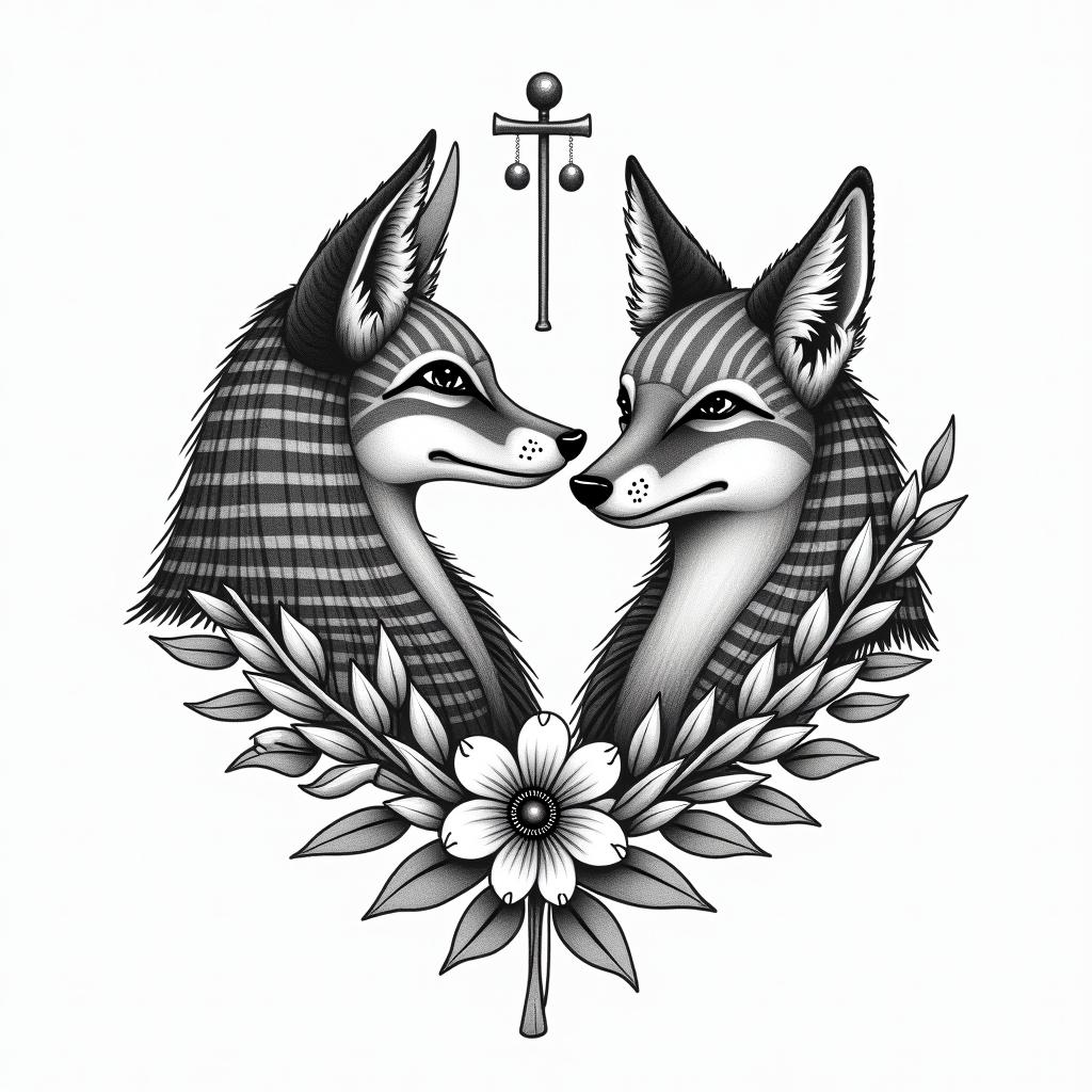 Foxes, flowers, fine line, playful, romanticin egyptian style tattoo, bold elements of ancient egyptian culture including a portrait of an Egyptian pharaoh with detailed facial features, in hieroglyphs and symbolic imagery, eye of horus, ankh symbol, scarab beetle - Variation 2