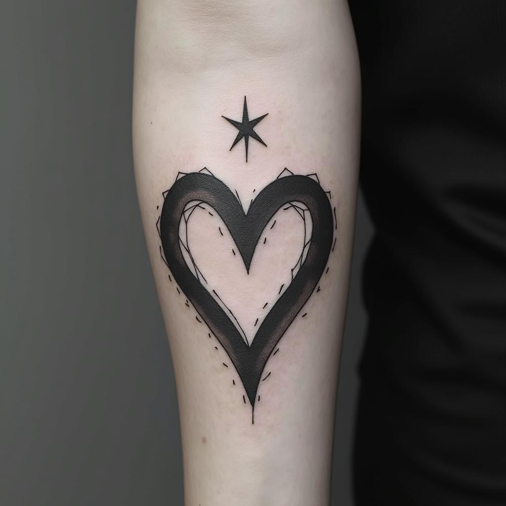 Heart star dog pawin minimalist style tattoo, featuring simple shapes and fine lines, with minimal shading and details, tiny triangles, creating a sense of balance and harmony - Variation 3