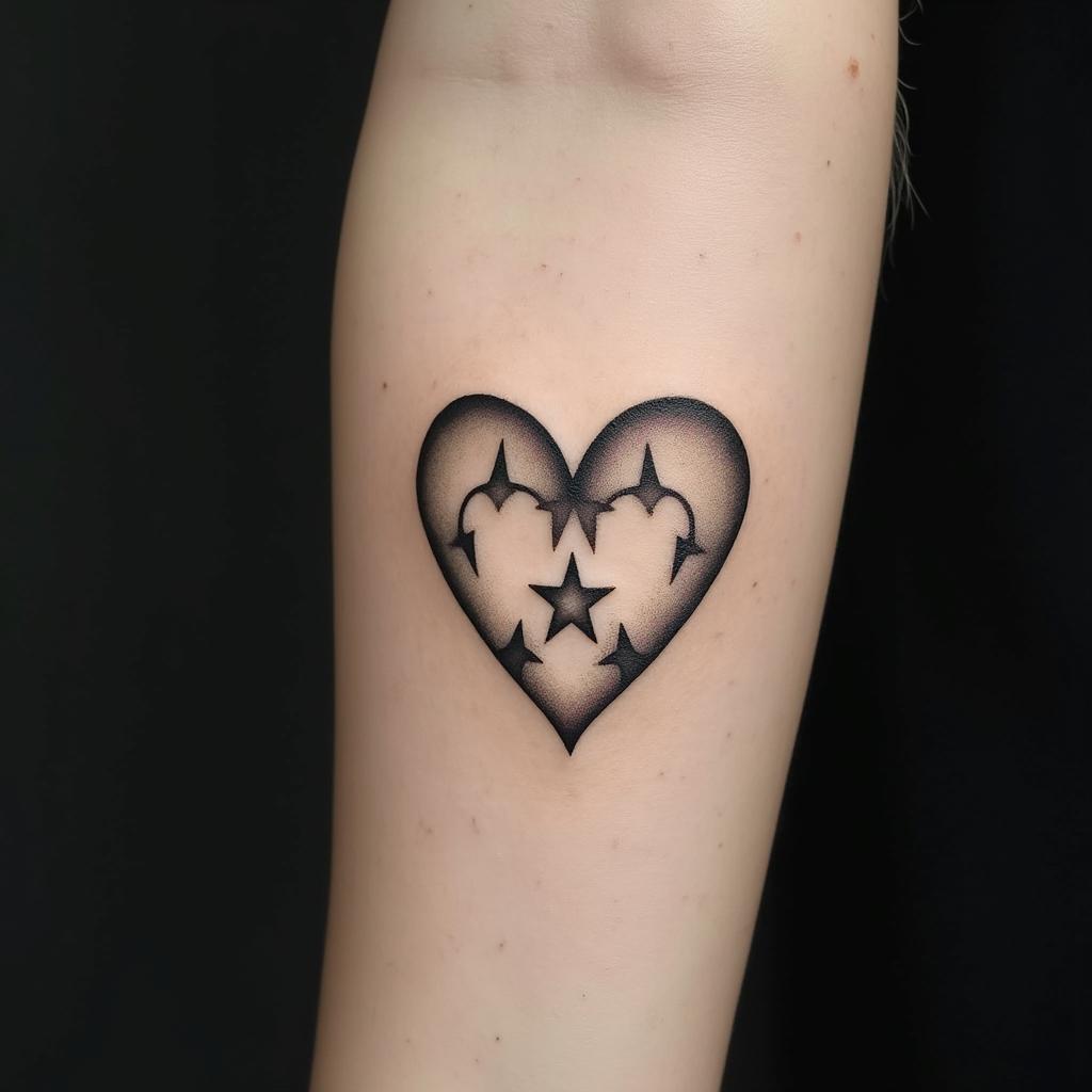 Heart star dog pawin minimalist style tattoo, featuring simple shapes and fine lines, with minimal shading and details, tiny triangles, creating a sense of balance and harmony - Variation 4
