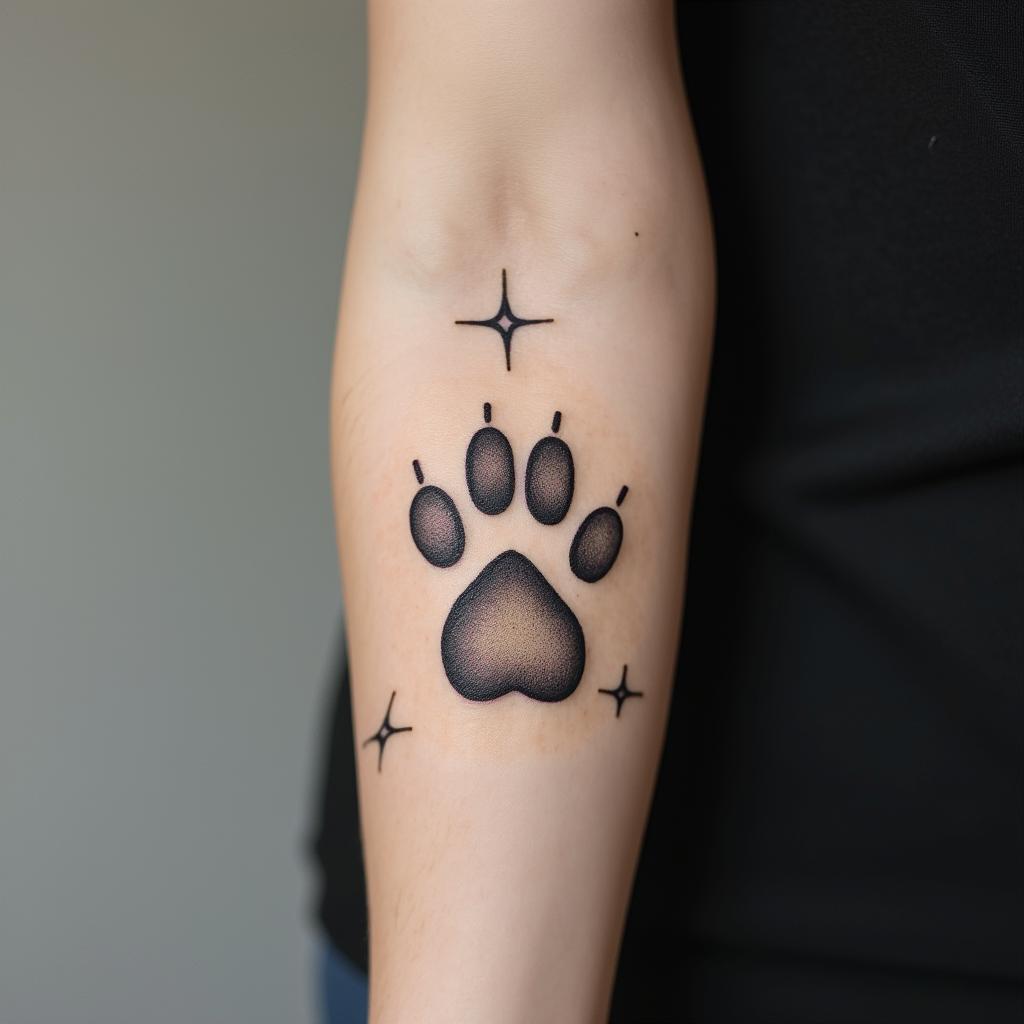 Heart star dog pawin minimalist style tattoo, featuring simple shapes and fine lines, with minimal shading and details, tiny triangles, creating a sense of balance and harmony - Variation 2
