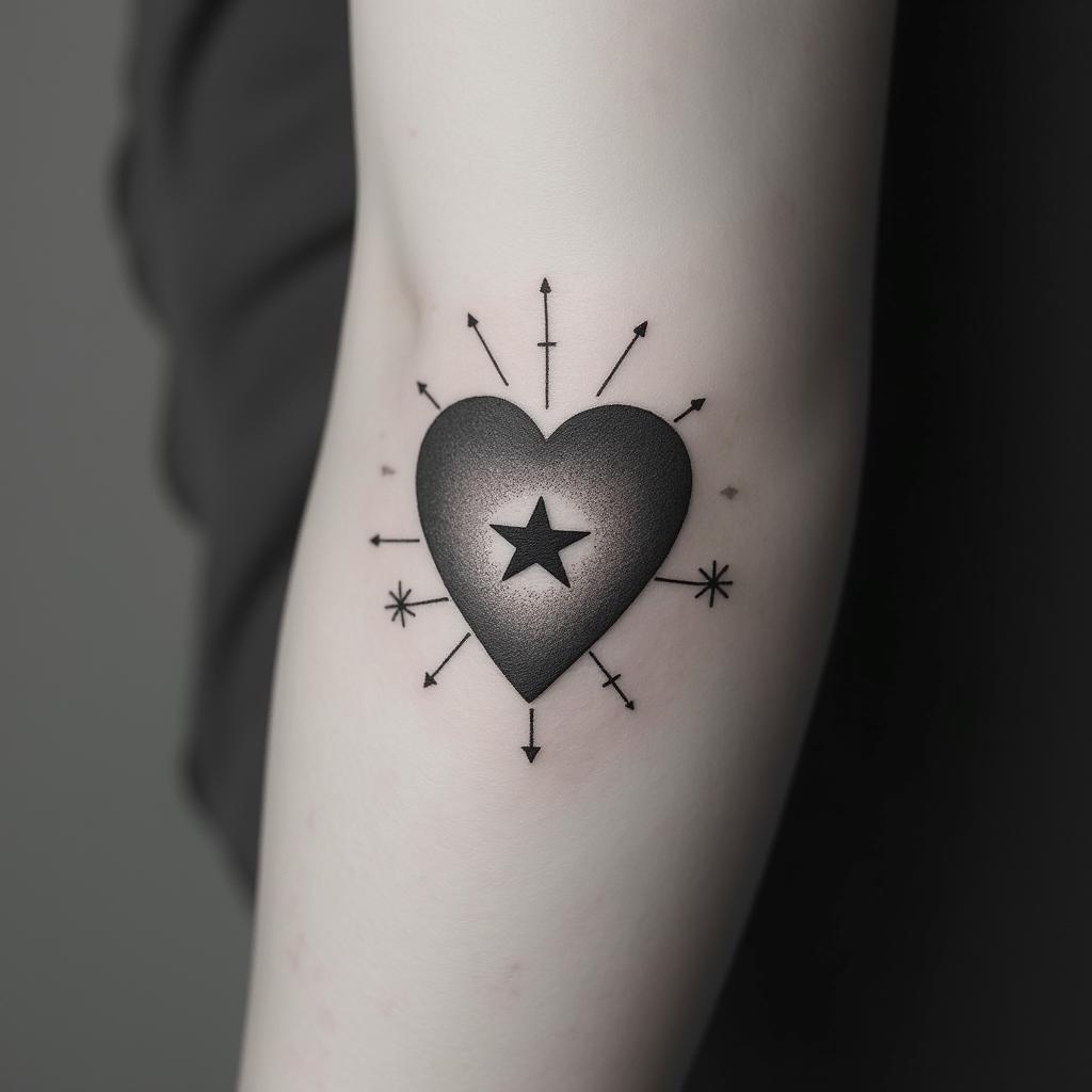 Heart star dog pawin minimalist style tattoo, featuring simple shapes and fine lines, with minimal shading and details, tiny triangles, creating a sense of balance and harmony