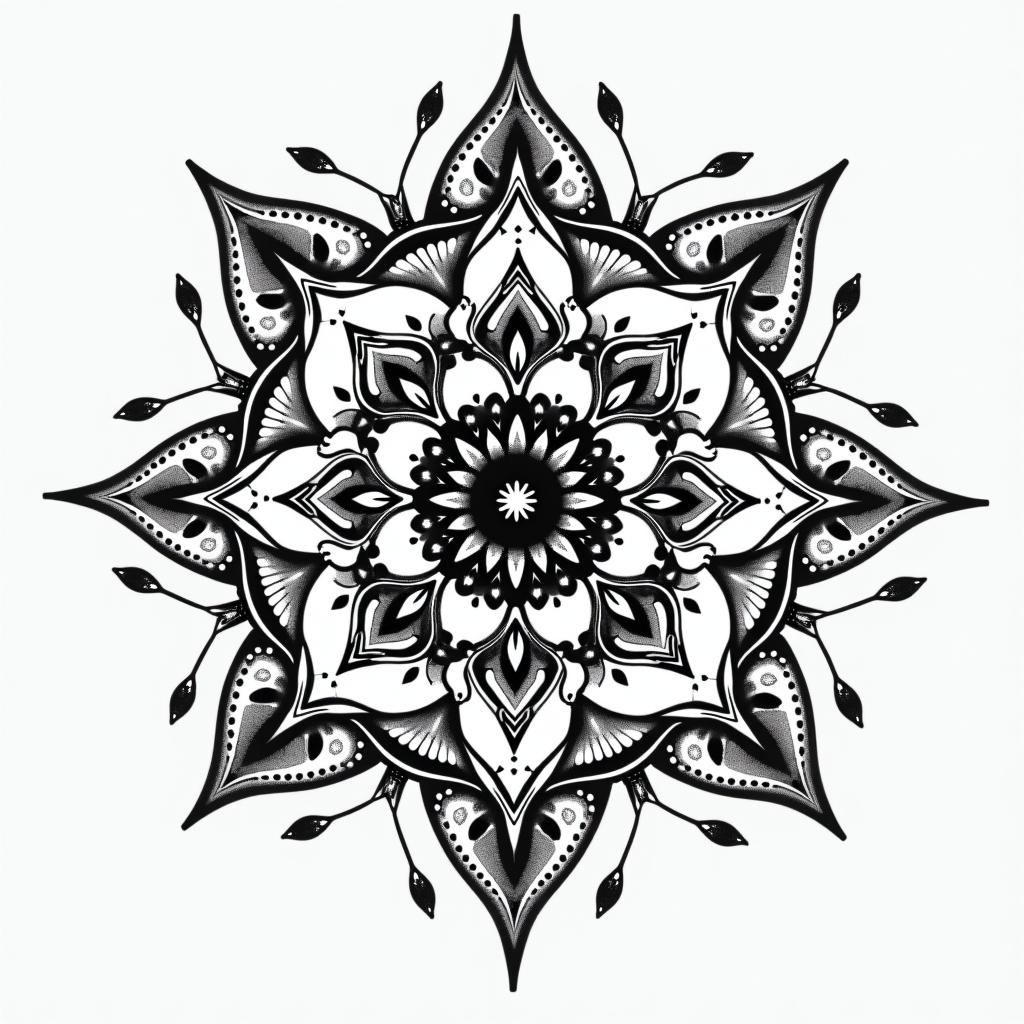 I would like an innovative and beautiful tattoo, my name is Raphaela, I am a Scorpio, the word that summarizes me is intensity, and I love to be free and independent.in dotwork style tattoo, complex mandala patterns, interlocking geometric shapes with sharp symmetry, clean lines, sharp angles - Variation 4