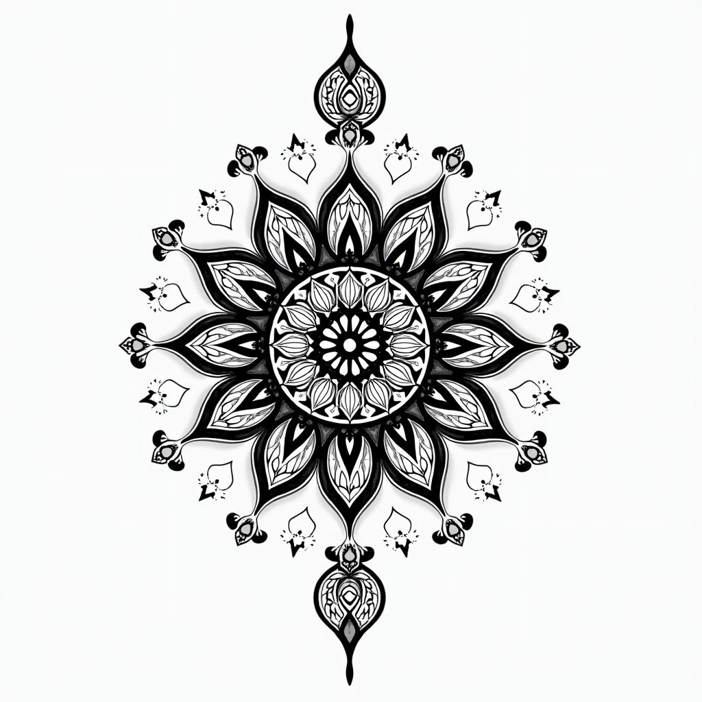 I would like an innovative and beautiful tattoo, my name is Raphaela, I am a Scorpio, the word that summarizes me is intensity, and I love to be free and independent.in dotwork style tattoo, complex mandala patterns, interlocking geometric shapes with sharp symmetry, clean lines, sharp angles - Variation 1