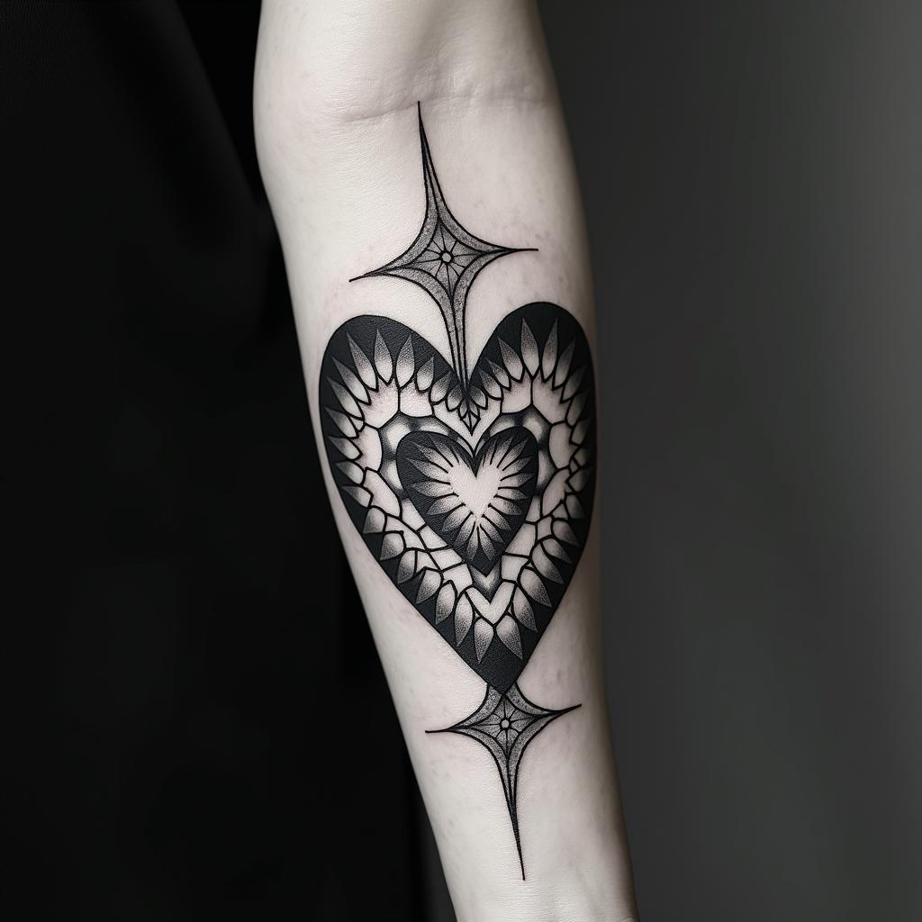 Heart star dog paw in geometric style tattoo, blending hexagons, mandala-inspired patterns, symmetrical and fractal design, clean lines, sharp angles - Variation 3