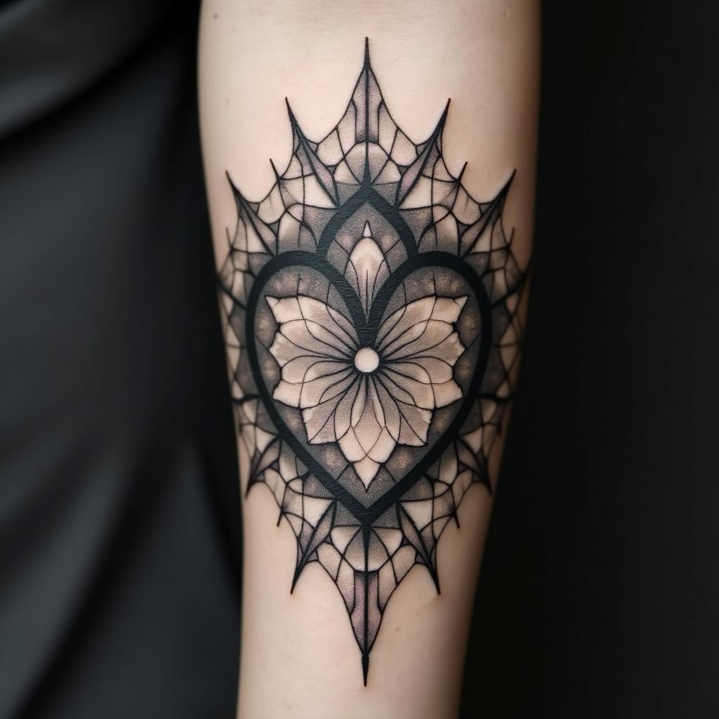 Heart star dog paw in geometric style tattoo, blending hexagons, mandala-inspired patterns, symmetrical and fractal design, clean lines, sharp angles - Variation 1