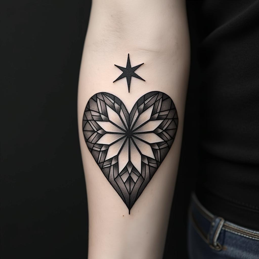 Heart star dog paw in geometric style tattoo, blending hexagons, mandala-inspired patterns, symmetrical and fractal design, clean lines, sharp angles - Variation 2