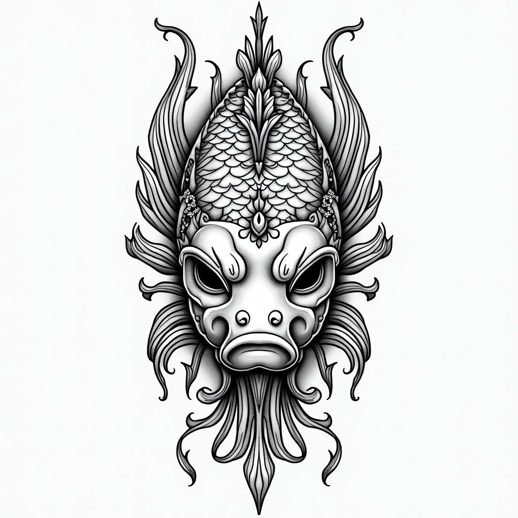 Koi fish and hanya mask seperatein ornamental tattoo style, featuring intricate symmetrical patterns and floral designs, showcasing highly detailed line work and geometric shapes, creating a sense of elegance and balance - Variation 4