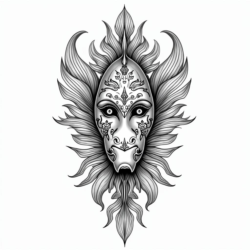 Koi fish and hanya mask seperatein ornamental tattoo style, featuring intricate symmetrical patterns and floral designs, showcasing highly detailed line work and geometric shapes, creating a sense of elegance and balance - Variation 2