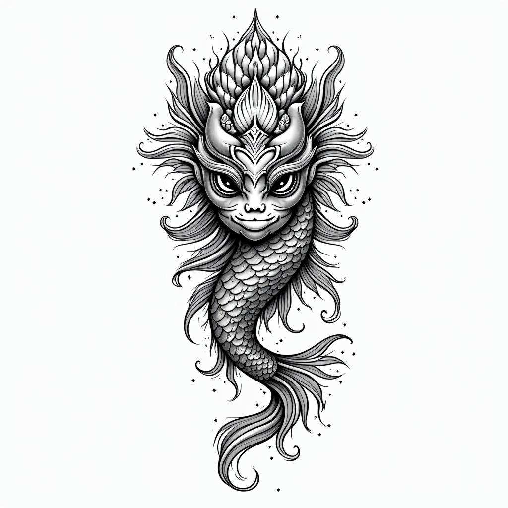 Koi fish and hanya mask seperatein ornamental tattoo style, featuring intricate symmetrical patterns and floral designs, showcasing highly detailed line work and geometric shapes, creating a sense of elegance and balance - Variation 3