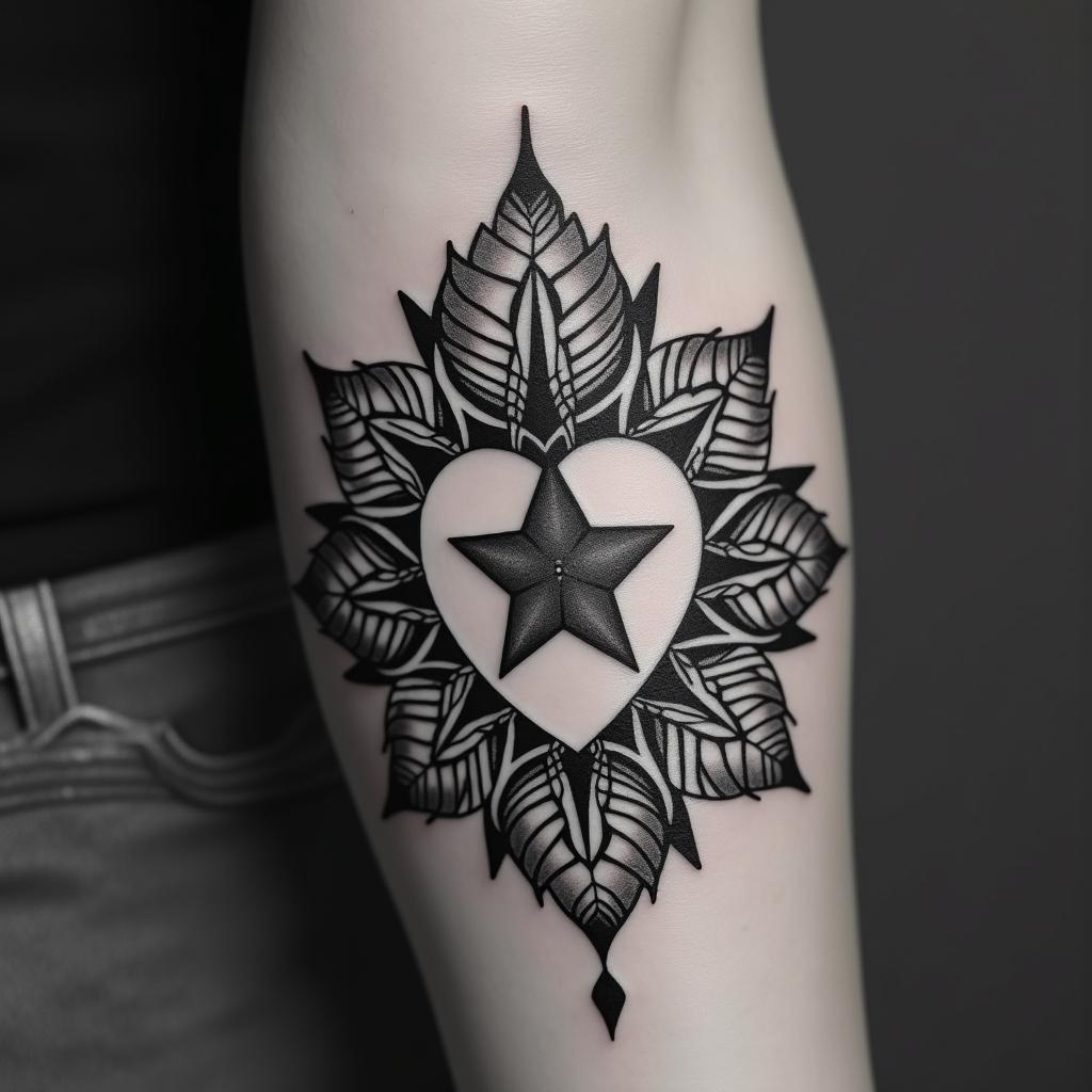 Star heart dog pawin ornamental tattoo style, featuring intricate symmetrical patterns and floral designs, showcasing highly detailed line work and geometric shapes, creating a sense of elegance and balance