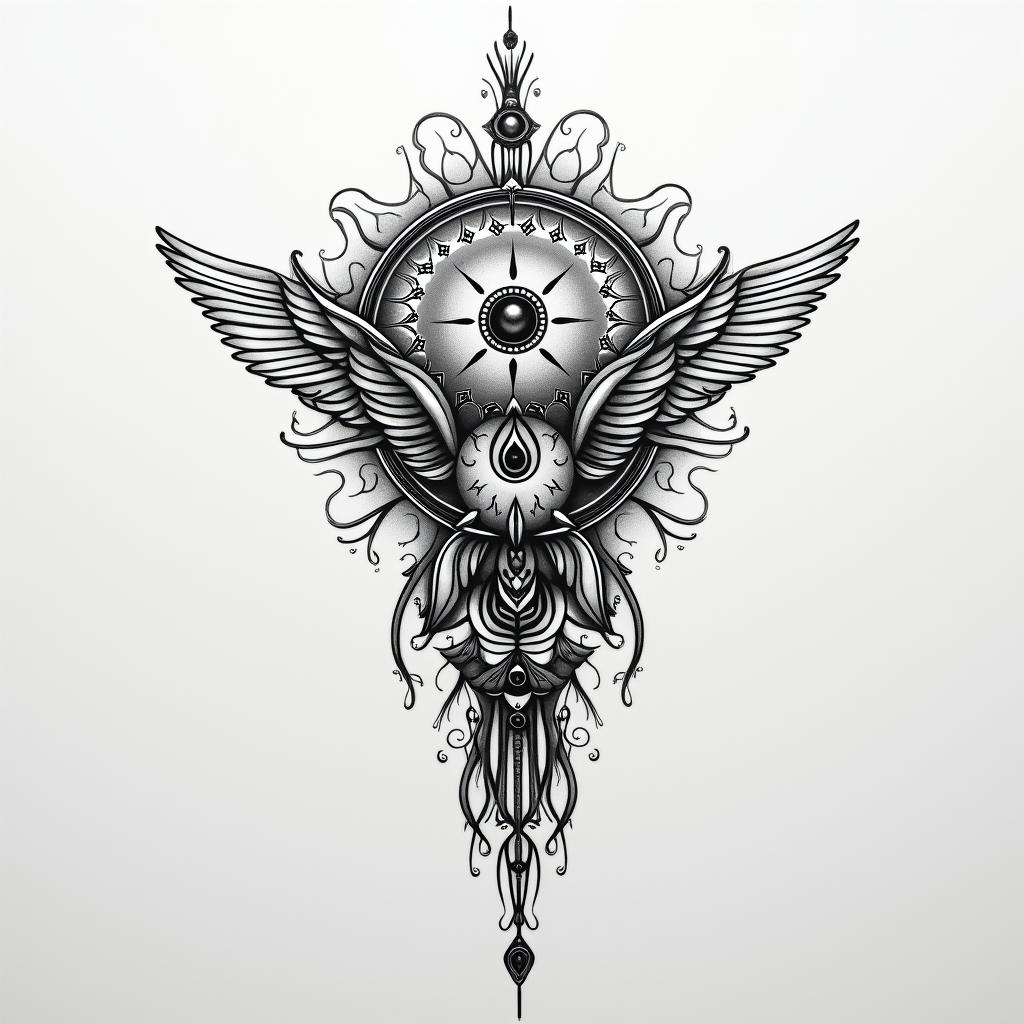 I want a tattoo for my chestin spiritual symbols tattoo style, featuring an intricate design incorporating elements, Hamsa hand, third eye, minimalist composition