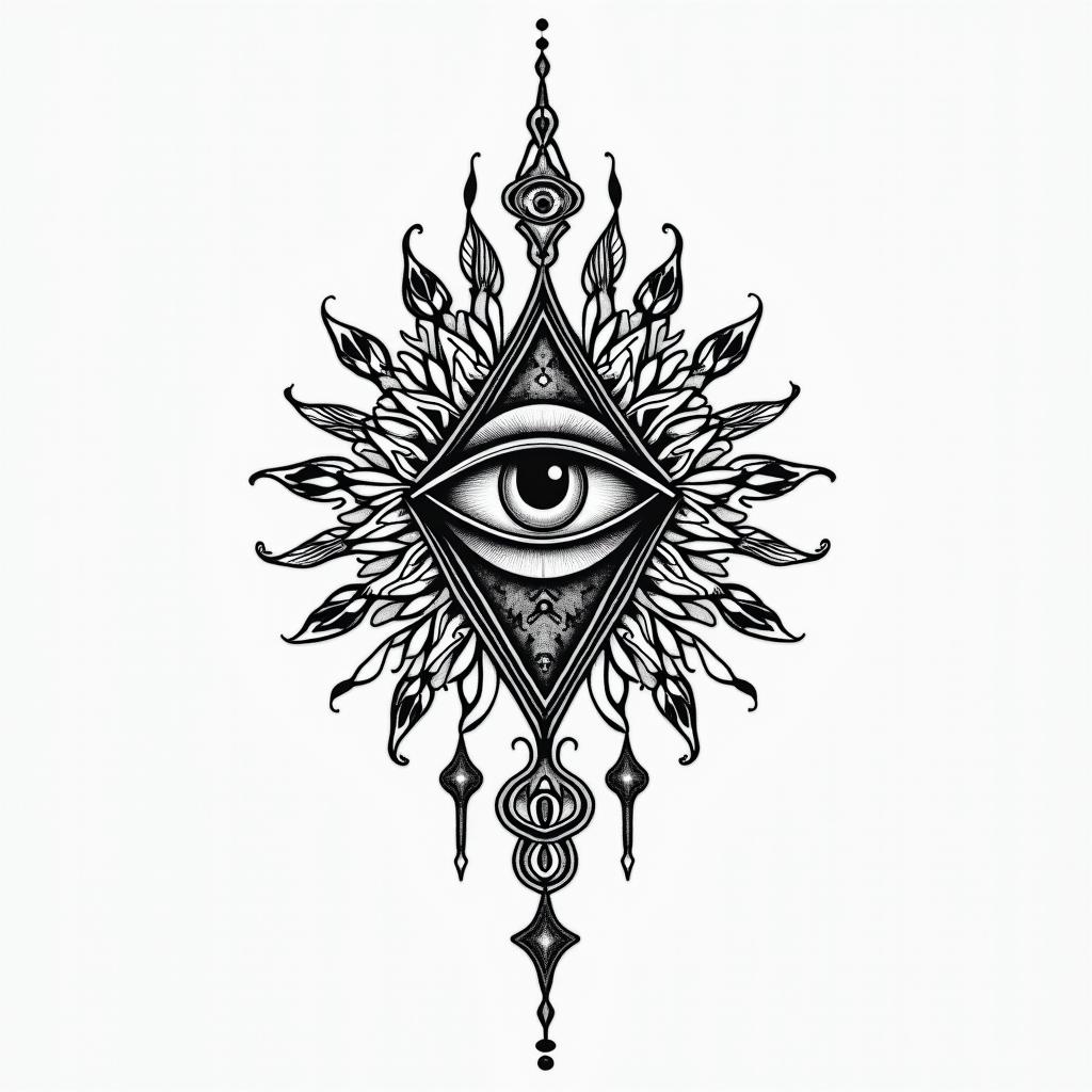 I want a tattoo for my chestin spiritual symbols tattoo style, featuring an intricate design incorporating elements, Hamsa hand, third eye, minimalist composition - Variation 4