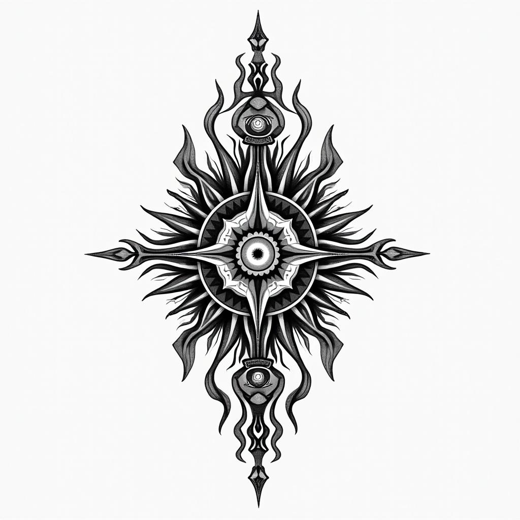I want a tattoo for my chestin spiritual symbols tattoo style, featuring an intricate design incorporating elements, Hamsa hand, third eye, minimalist composition - Variation 3