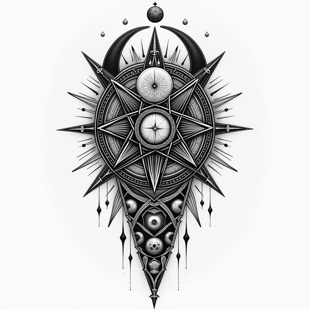 The Hitchhiker's Guide to the Galaxyin paganic style tattoo, featuring ancient symbols, add vegvisir symbol, mystical figures, incorporating designs, pentagrams, runes, crescent moons, - Variation 3
