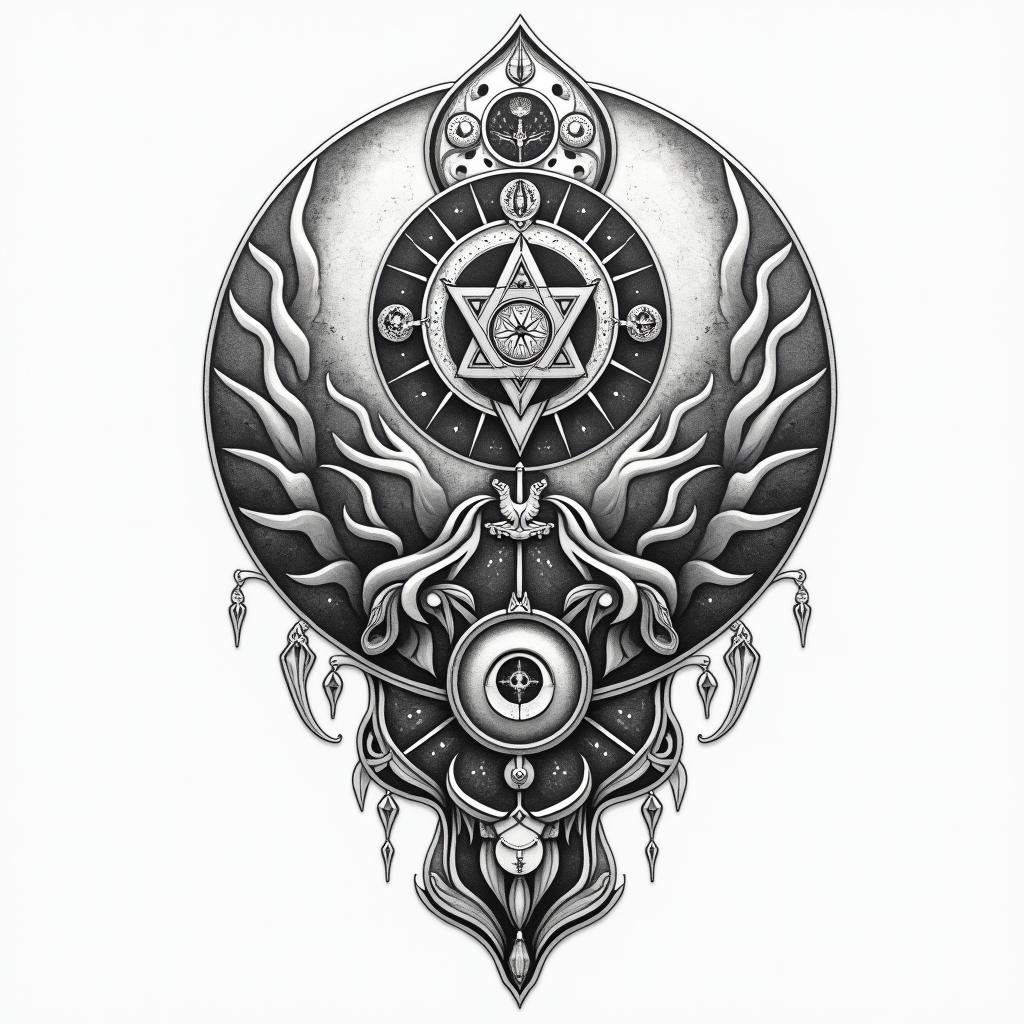 The Hitchhiker's Guide to the Galaxyin paganic style tattoo, featuring ancient symbols, add vegvisir symbol, mystical figures, incorporating designs, pentagrams, runes, crescent moons, - Variation 2