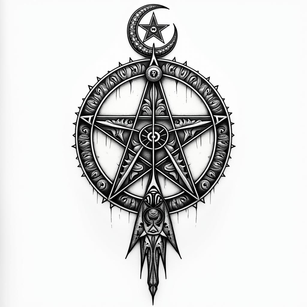 The Hitchhiker's Guide to the Galaxyin paganic style tattoo, featuring ancient symbols, add vegvisir symbol, mystical figures, incorporating designs, pentagrams, runes, crescent moons,