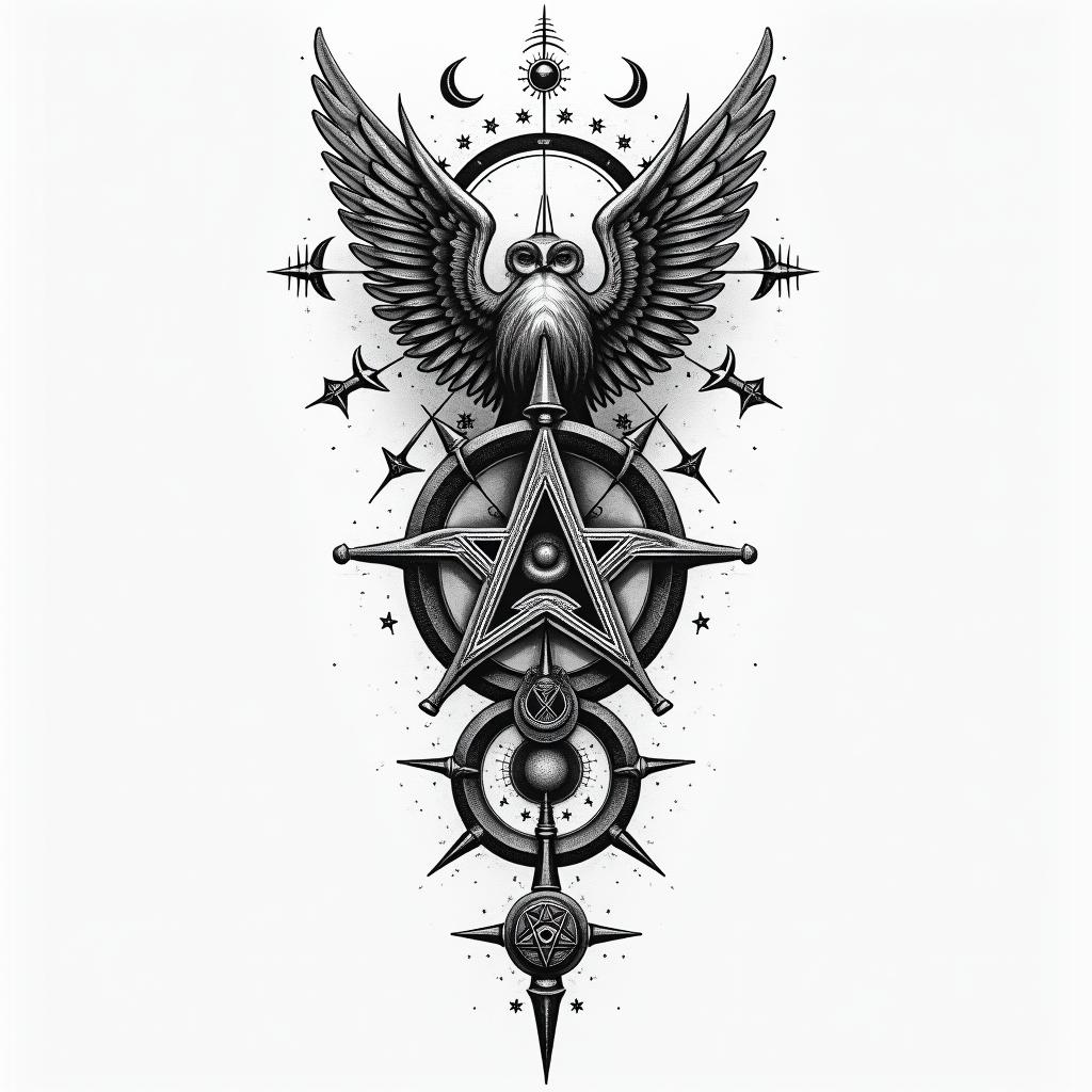The Hitchhiker's Guide to the Galaxyin paganic style tattoo, featuring ancient symbols, add vegvisir symbol, mystical figures, incorporating designs, pentagrams, runes, crescent moons, - Variation 4
