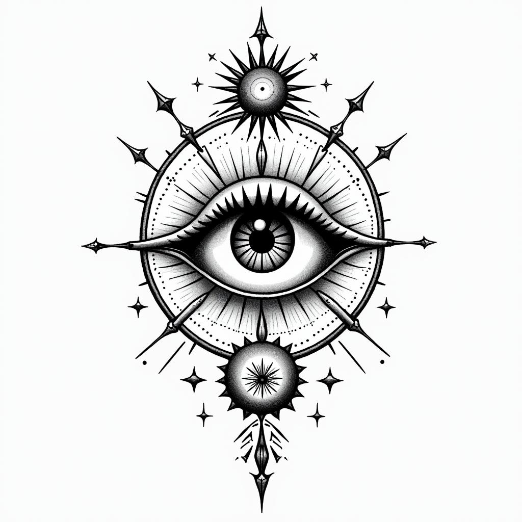 The Hitchhiker's Guide to the Galaxyin prophecy tattoo style, featuring mystical symbols, celestial imagery like stars, moons, suns, geometric patterns, foretelling elements, an eye of wisdom - Variation 4