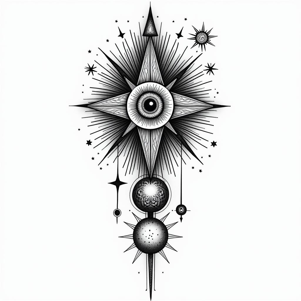 The Hitchhiker's Guide to the Galaxyin prophecy tattoo style, featuring mystical symbols, celestial imagery like stars, moons, suns, geometric patterns, foretelling elements, an eye of wisdom - Variation 3