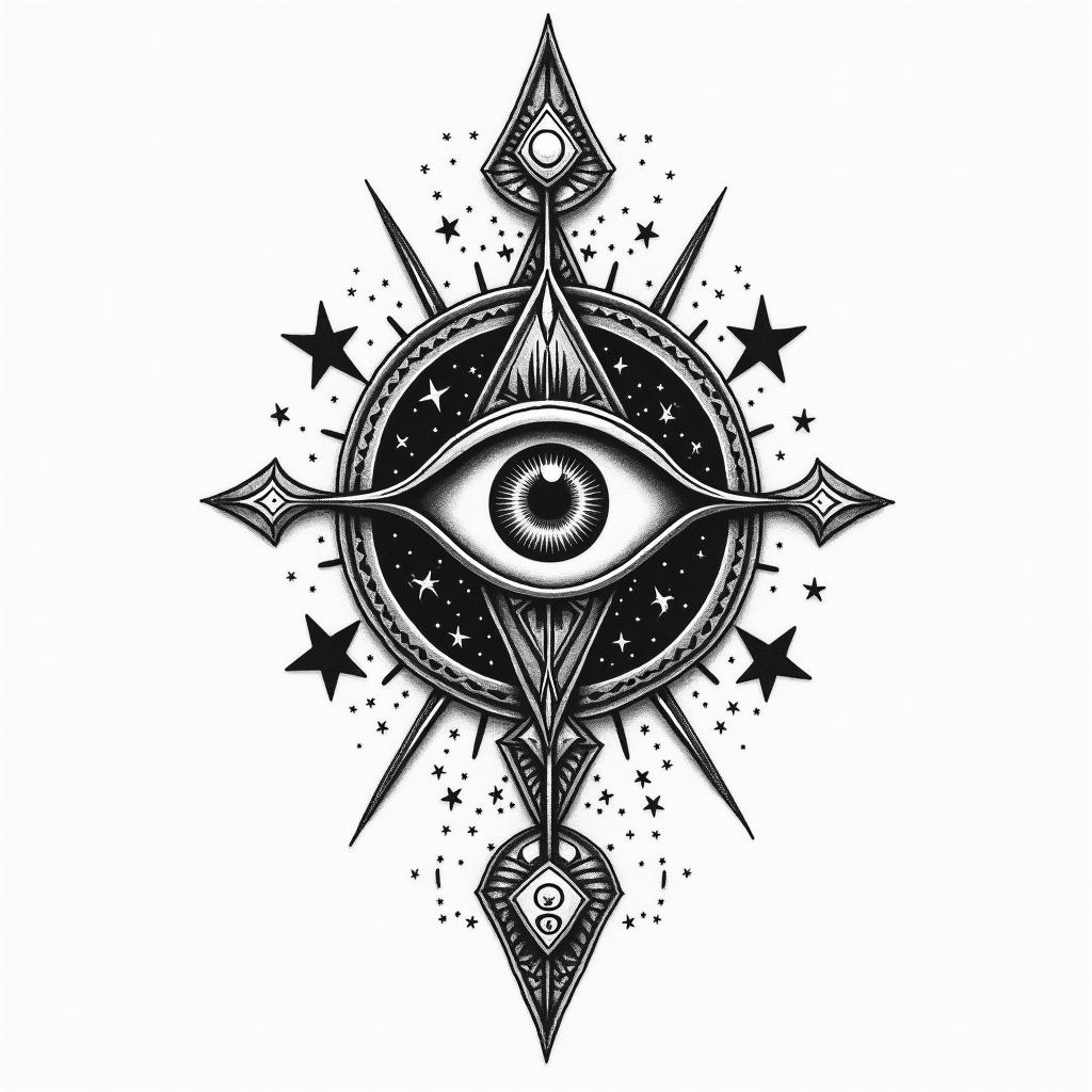 The Hitchhiker's Guide to the Galaxyin prophecy tattoo style, featuring mystical symbols, celestial imagery like stars, moons, suns, geometric patterns, foretelling elements, an eye of wisdom - Variation 2