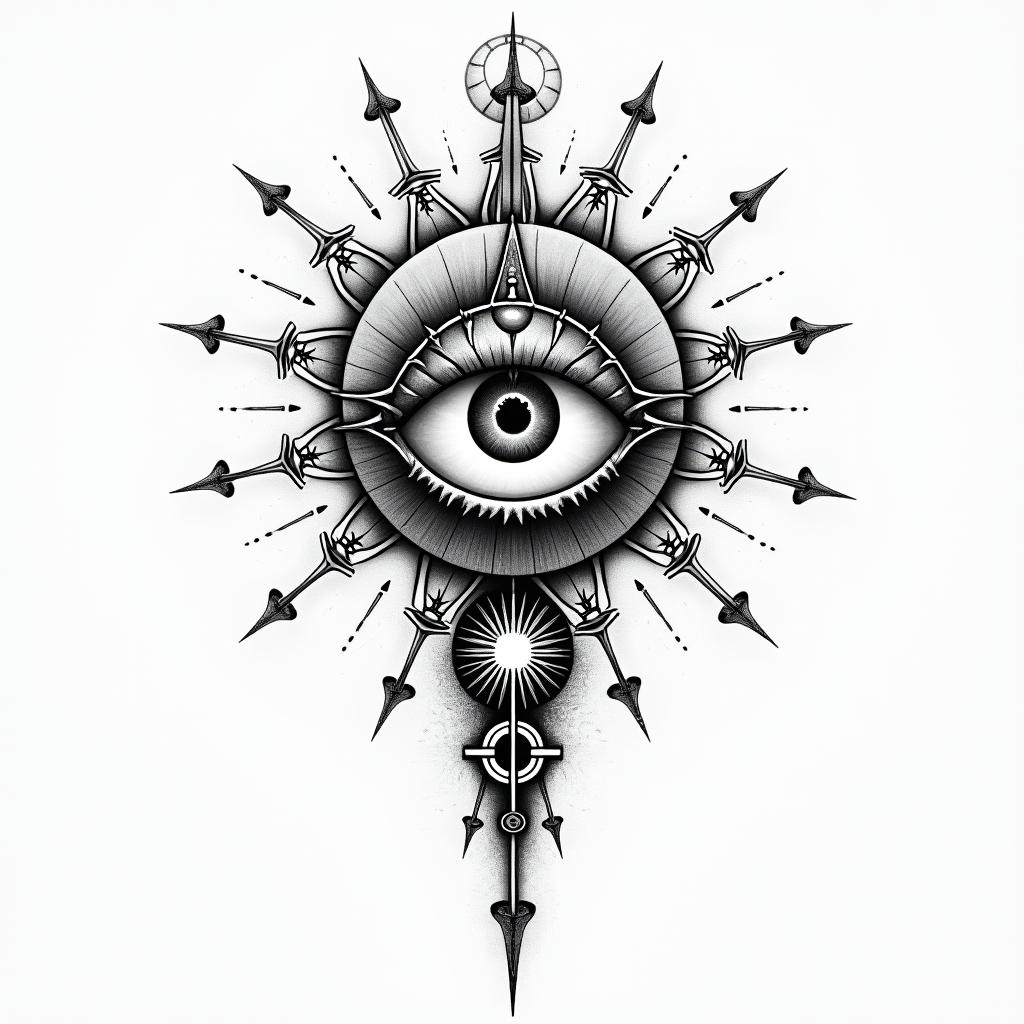 The Hitchhiker's Guide to the Galaxyin prophecy tattoo style, featuring mystical symbols, celestial imagery like stars, moons, suns, geometric patterns, foretelling elements, an eye of wisdom