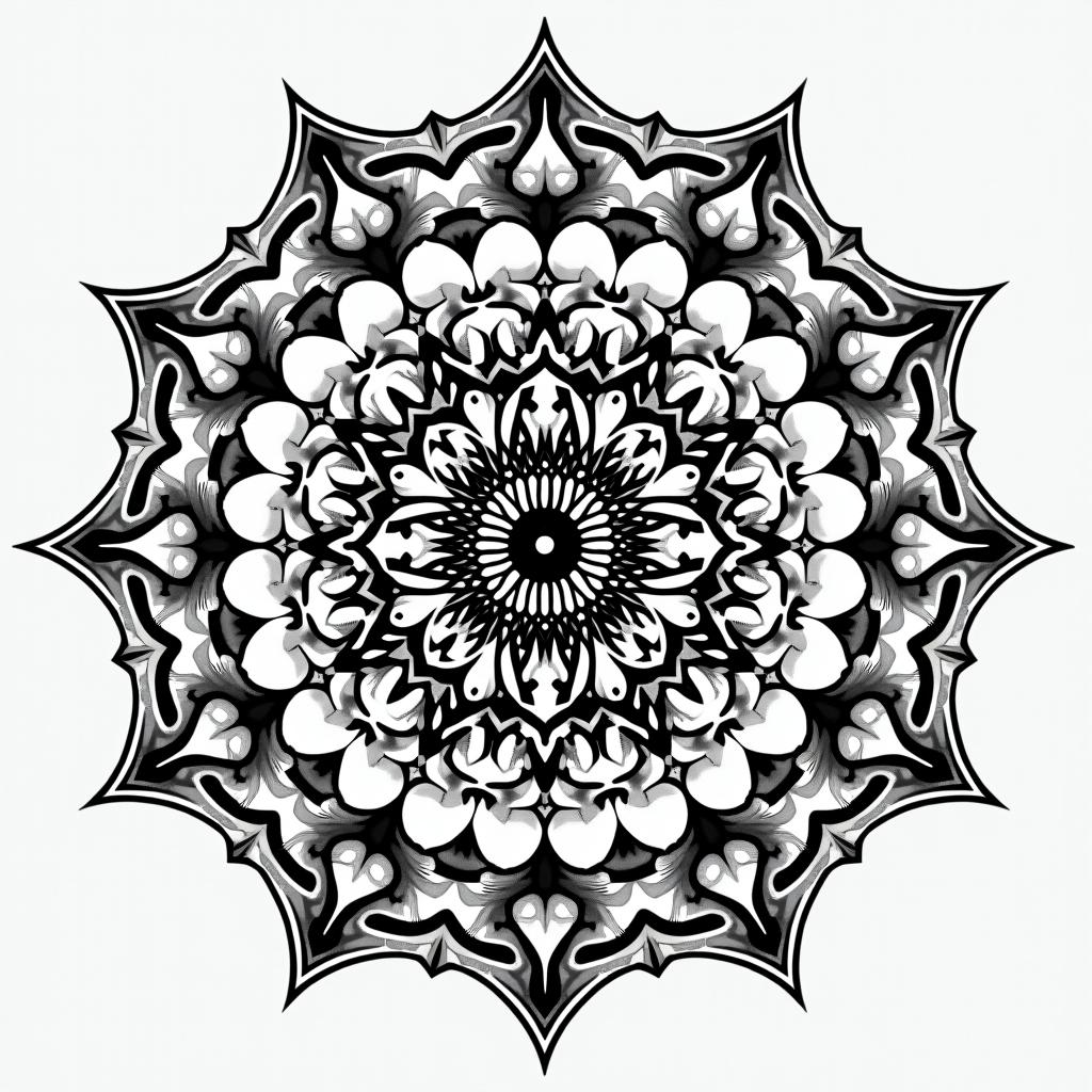 Outside looking inin dotwork style tattoo, complex mandala patterns, interlocking geometric shapes with sharp symmetry, clean lines, sharp angles - Variation 4